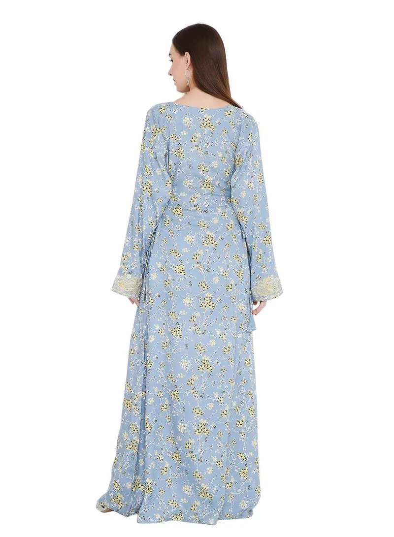 هانا آند سارا جلابية قفطان عربية أنيقة مطرزة بالخرز الحجري وطبعة متعددة الألوان