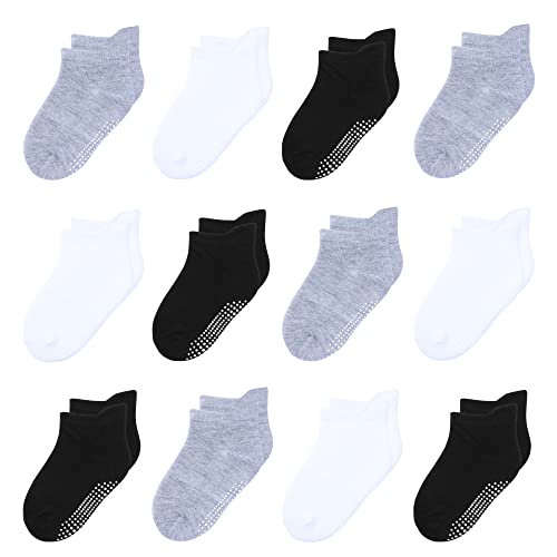 HYzgb Kids Socks Boys 5-6-7 Years Old with Non Slip Grips 12 Pairs Cotton Toddler Ankle Grippy Socks for Little Boys Girls Children 5T-6T-7T Birthday Gifts Black/White/Grey - Image 1
