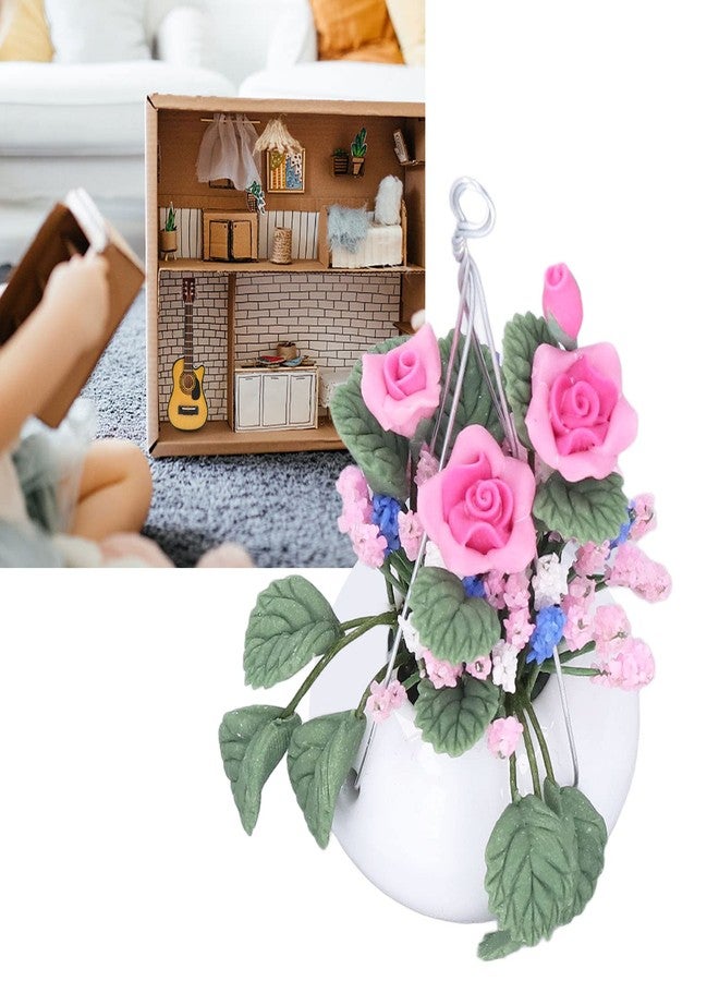 Zerodis Mini Flower Pot, 1:12 Doll House Mini Clay Flower Plant Pot Flower Arrangement Model of Rose Hanging Pot for Children - Image 2