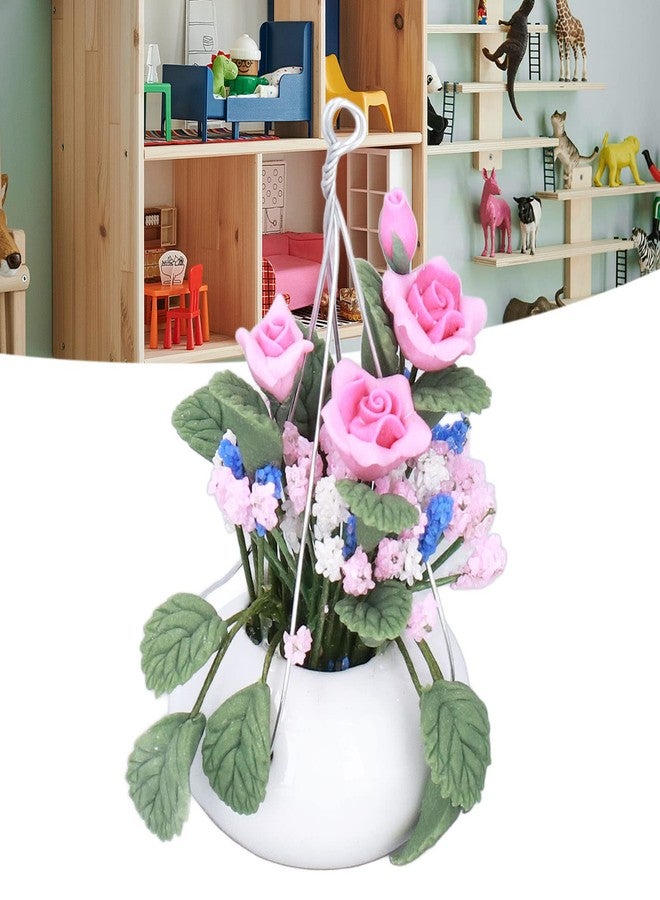 Zerodis Mini Flower Pot, 1:12 Doll House Mini Clay Flower Plant Pot Flower Arrangement Model of Rose Hanging Pot for Children - Image 3