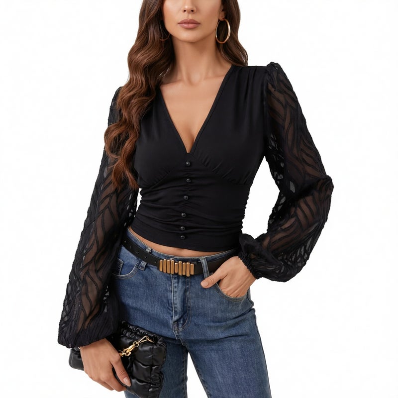 Chiffon Lantern Sleeve Pleated Waist V-Neck Long Sleeve Tunic Top