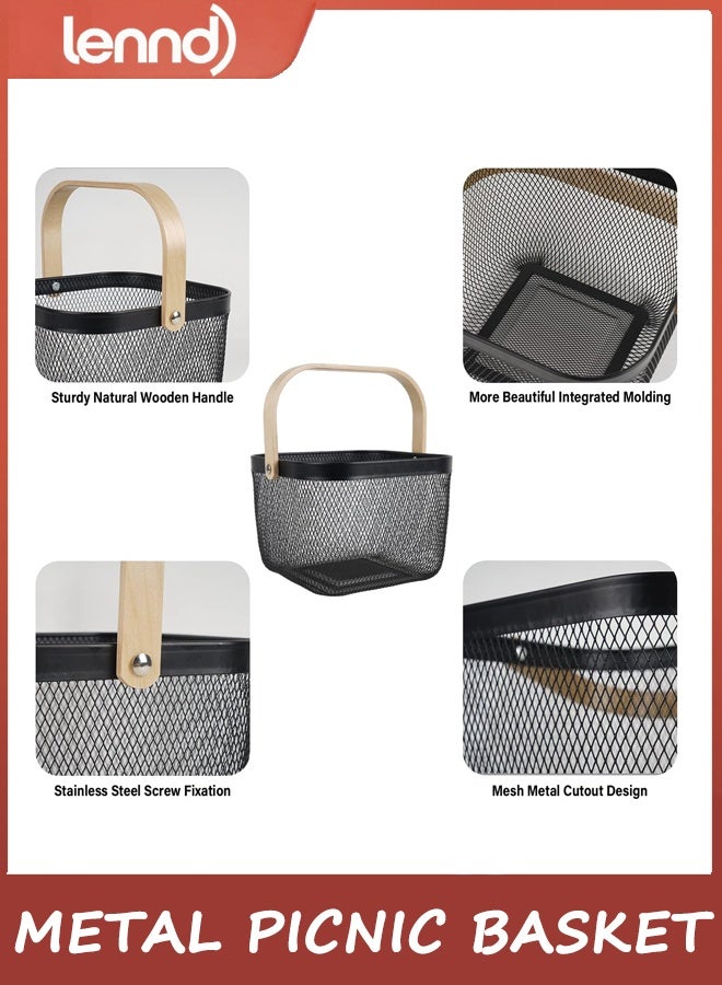 LENND Metal Picnic Basket, Metal Mesh Steel Harvest Basket, Square Wire Garden Basket with Handle – Multi-functional Storage Organizer for Gathering Vegetables, Fruits, Kitchen, Garden, Picnic & Cabinet (Black) - Image 2