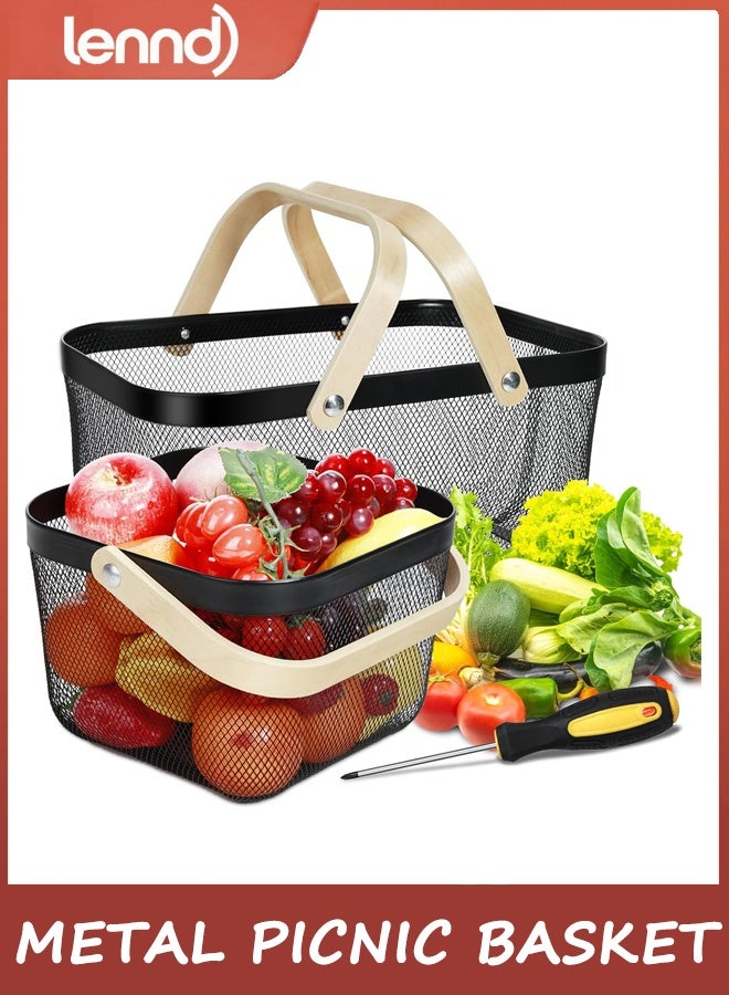 LENND Metal Picnic Basket, Metal Mesh Steel Harvest Basket, Square Wire Garden Basket with Handle – Multi-functional Storage Organizer for Gathering Vegetables, Fruits, Kitchen, Garden, Picnic & Cabinet (Black) - Image 1