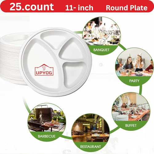 upyog 25-Pack Disposable Bagasse Plates, 11 Inch, 4-Compartment, Eco-Friendly Biodegradable Sugarcane Paper Plates, White, Perfect for Parties - Image 2