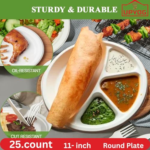 upyog 25-Pack Disposable Bagasse Plates, 11 Inch, 4-Compartment, Eco-Friendly Biodegradable Sugarcane Paper Plates, White, Perfect for Parties - Image 3