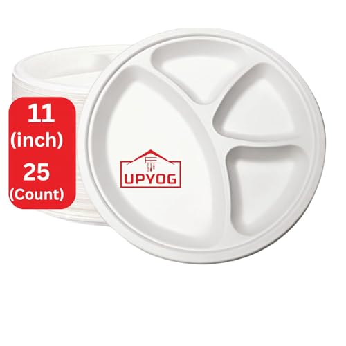 upyog 25-Pack Disposable Bagasse Plates, 11 Inch, 4-Compartment, Eco-Friendly Biodegradable Sugarcane Paper Plates, White, Perfect for Parties - Image 1