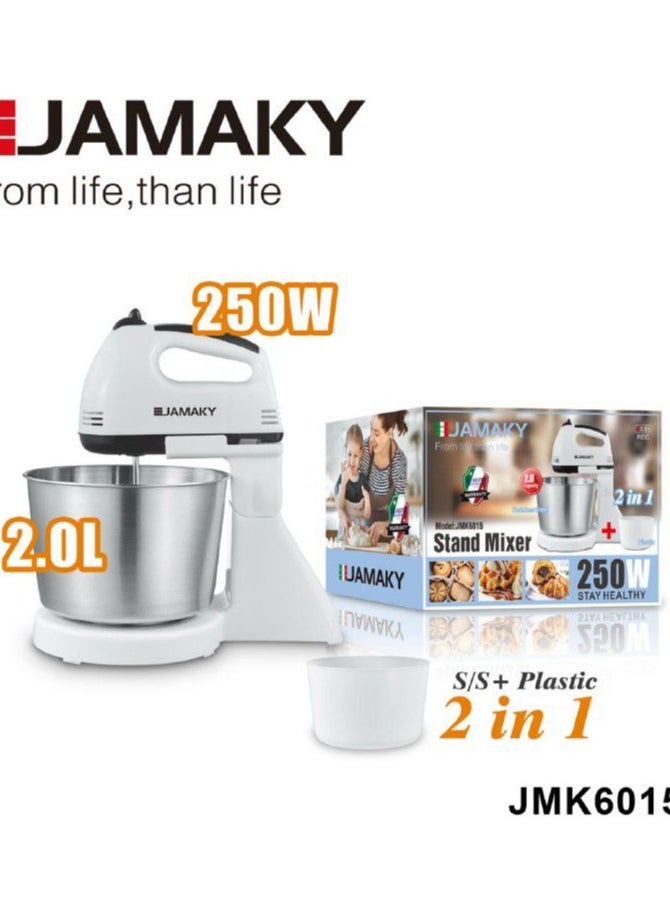 Jamaky Italy عجان خلاط الكهربائي بقدرة 250 وات وسعة 2.0 لتر 2*1 - تجربة الخلط الفائقة مع التصميم الأنيق والأداء الفائق من جماكي ايطالي JMK6015  - Image 1