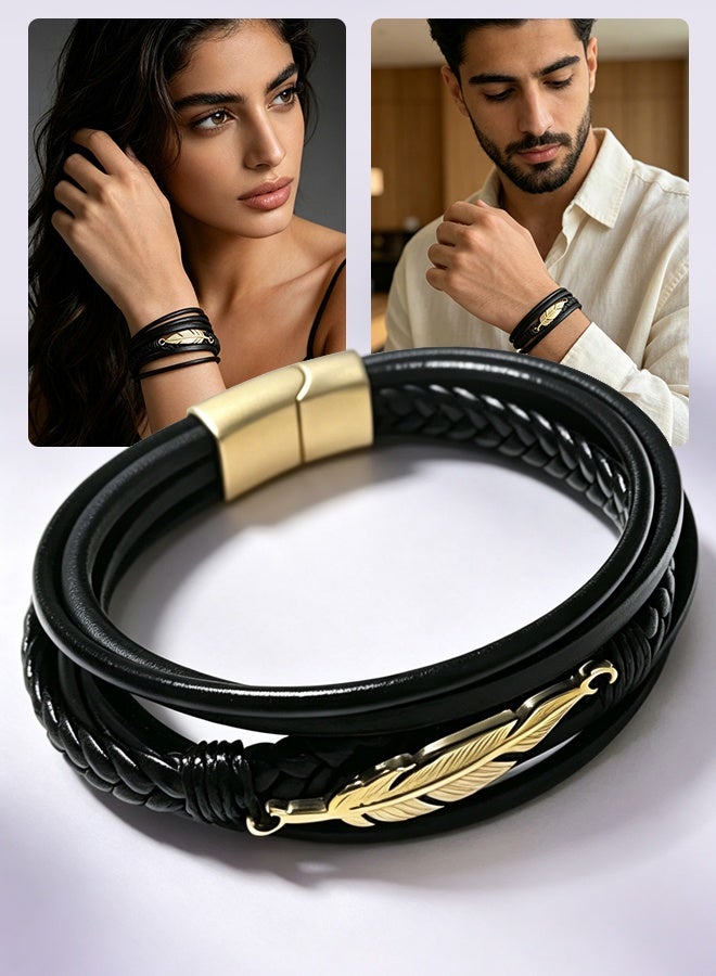 Unisex Multi-Layer Braided Leather Bracelet Anti-Fade Wear Resistant Gold Magnetic Clasp Bangle - Image 1