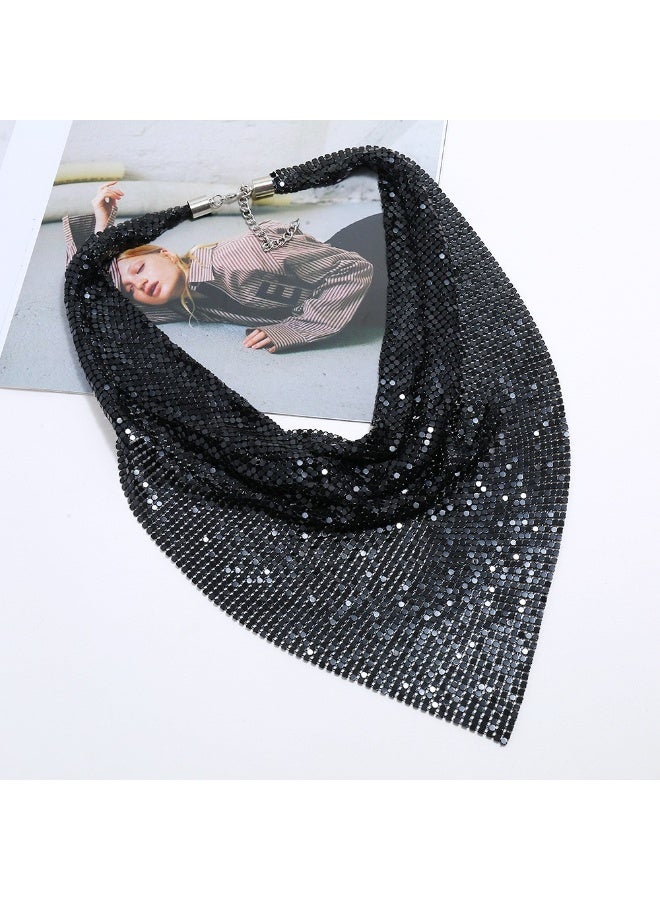 Metal sequined triangle scarf silk scarf necklace personality exaggerated necklace necklace jewelry-black - Image 2