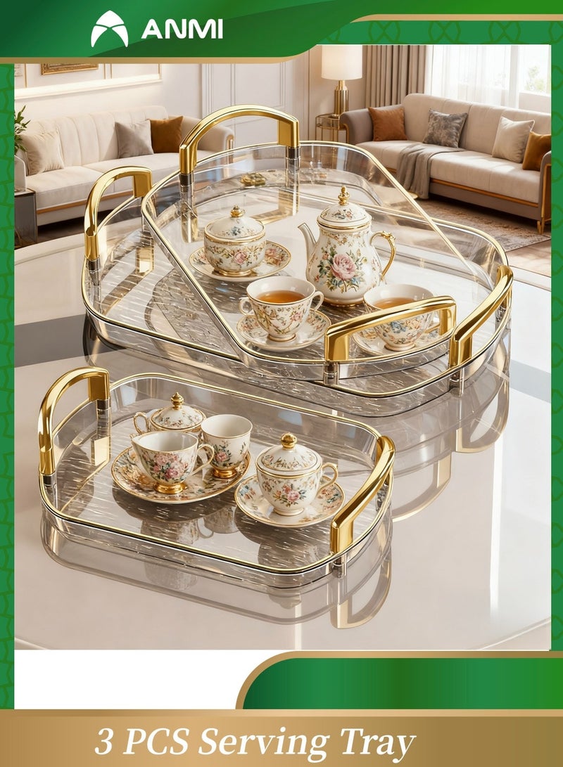 أنمي 3 قطعة صينية تقديم واضحة ، مع مقابض معدنية مصقولة ، طبق تقديم ، صينية شفافة بنمط متموج ، صينية مقاومة للانسكاب ، صينية تقديم زخرفية لطاولة القهوة والشاي والتخزين - Image 1