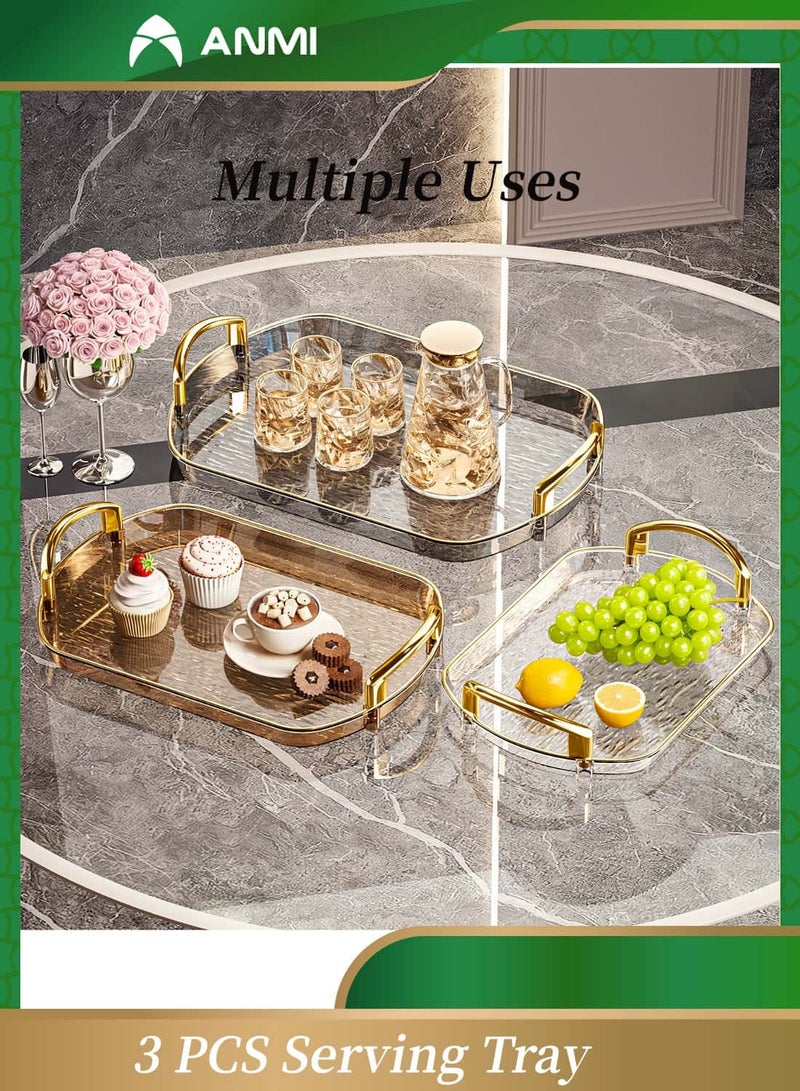 أنمي 3 قطعة صينية تقديم واضحة ، مع مقابض معدنية مصقولة ، طبق تقديم ، صينية شفافة بنمط متموج ، صينية مقاومة للانسكاب ، صينية تقديم زخرفية لطاولة القهوة والشاي والتخزين - Image 3