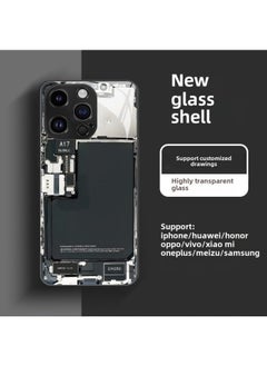 Circuit Board Phone Case For 13 14promax Creative 12 Cool 15 Model Glass Case Funny Digital Computer IPhone Protective Cover-Color:High Permeation Glass Shell-Graphite Black-GML129-Applicable Model: