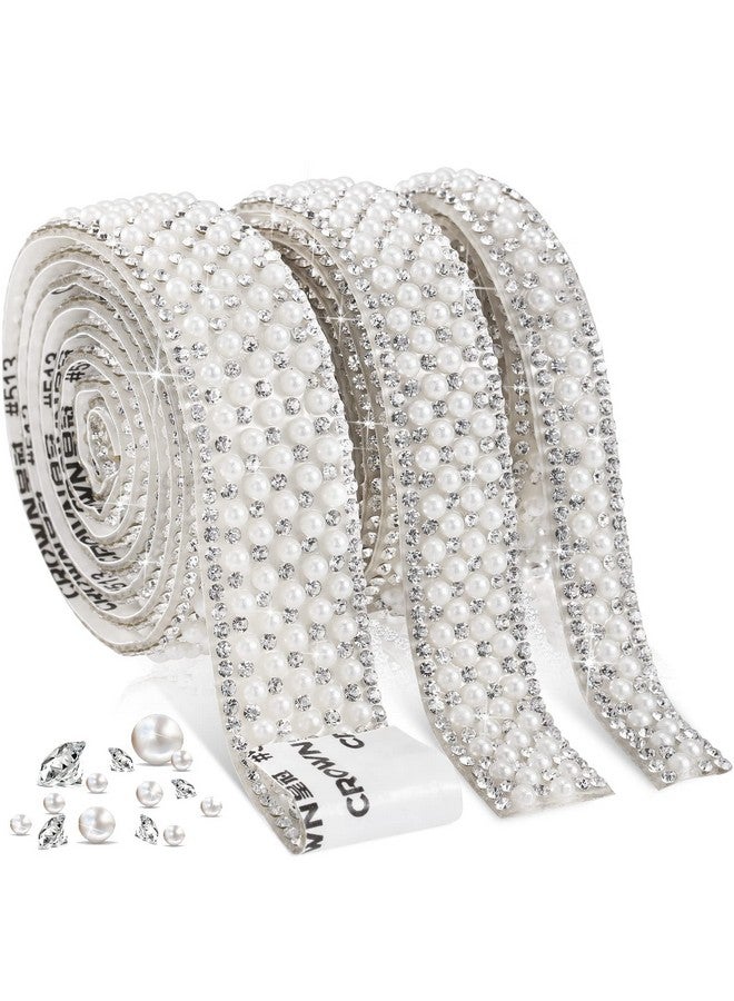 Outus Pearl Stickers 3 Rolls Self Adhesive Pearl Rhinestone Ribbon Pearl Wrap Roll Crystal Pearl Strips for DIY Wedding Birthday Party Crafts Decoration (Staggered Style) - Image 1