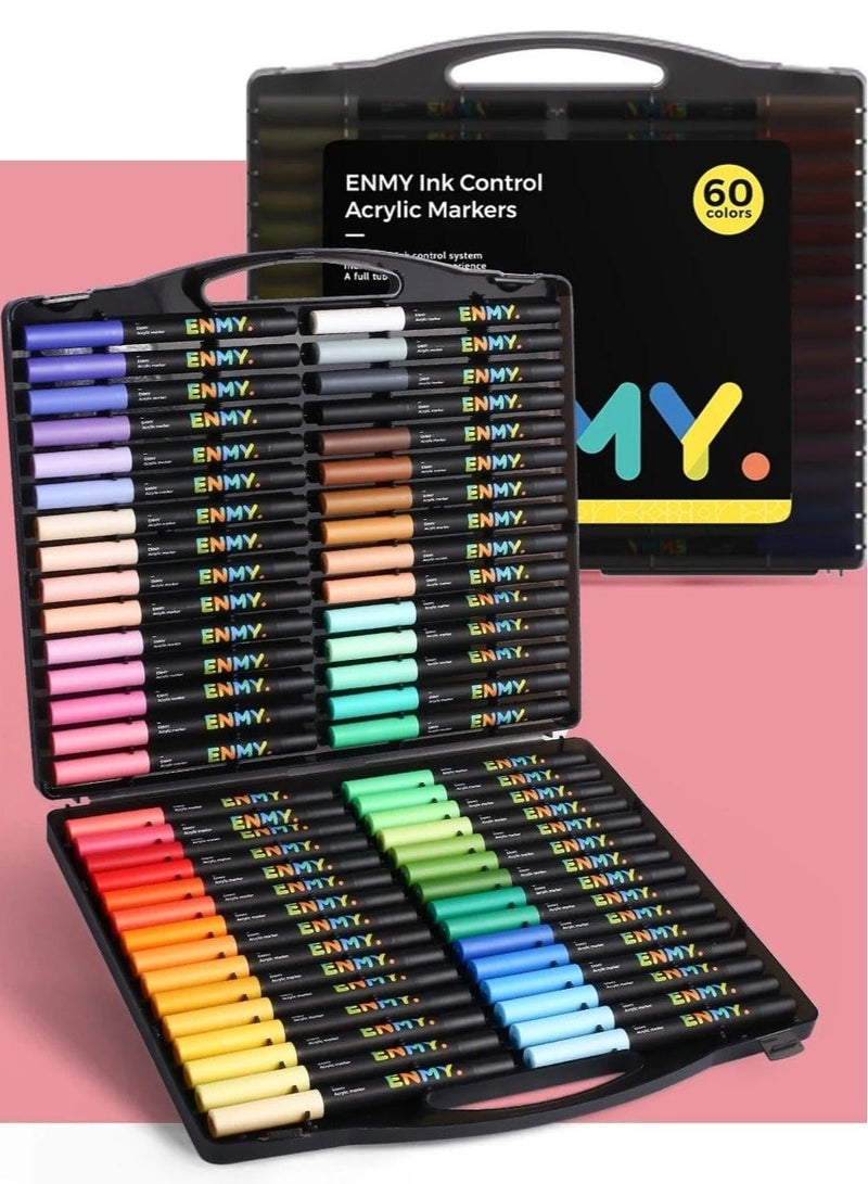 ENMY 60-Color Direct Liquid Acrylic Paint Markers – Premium Acrylic Pens with 3X Ink Capacity, Brush Tips, Waterproof & Washable | Works on Rock, Wood, Canvas, Glass, Paper, Fabric | Bold Pigments for Artists & DIY Crafters - Image 1