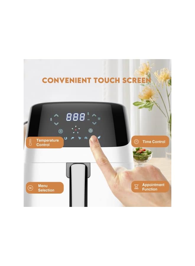 PROMASS مقلاة 5 لتر، 8 برامج محددة مسبقًا، شاشة تعمل باللمس LED، شاشة رقمية، مؤقت قابل للتعديل على نطاق واسع والتحكم في درجة الحرارة، 1500 وات، طهي صحي بدون زيت وقليل الدهون (أبيض) - Image 5