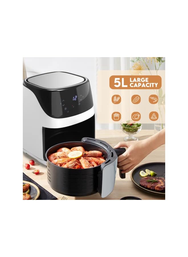 PROMASS مقلاة 5 لتر، 8 برامج محددة مسبقًا، شاشة تعمل باللمس LED، شاشة رقمية، مؤقت قابل للتعديل على نطاق واسع والتحكم في درجة الحرارة، 1500 وات، طهي صحي بدون زيت وقليل الدهون (أبيض) - Image 2