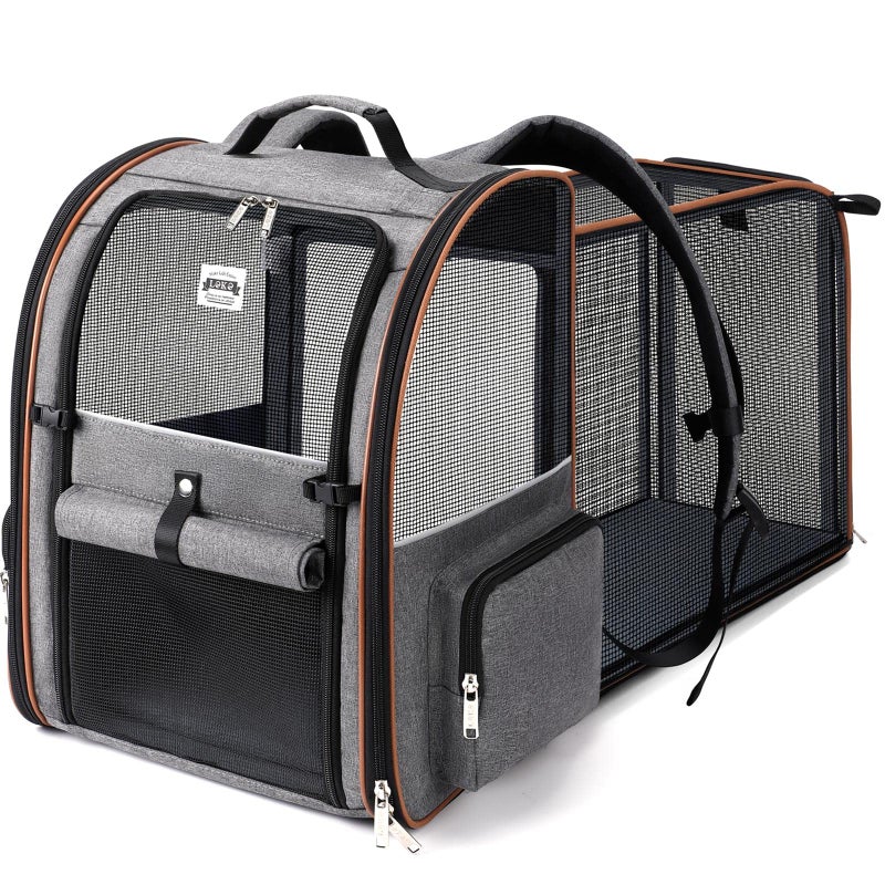 Lekebobor Cat Carrier Backpack, Expandable Pet Carrier with Sun Shade & Full Front Opening, Breathable Mesh Backpack for Small Dogs & Medium Cats Up to 18 Lbs, Foldable for Hiking, Camping (Grey) - Image 1