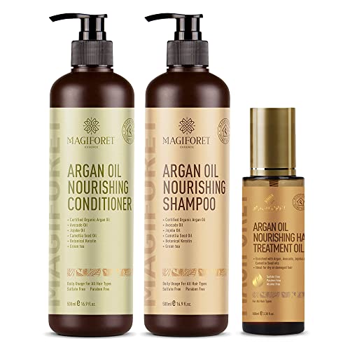 MagiForet Argan Oil Nourishing Daily Care Set Shampoo 500ml  Conditioner 500ml  Hair Serum 100ml Sulfate Free Paraben Free Soft  Smooth Gentle on Frizz Curly  Color Treated Hair