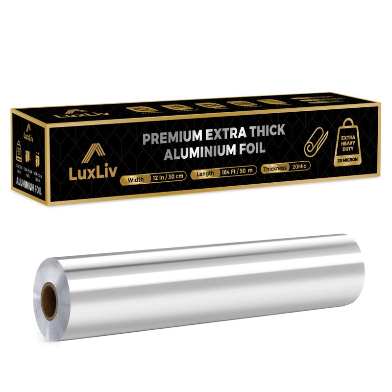LuxLiv Aluminum Heavy Duty Tin Foil Roll â€“ 12 inch wide x164 ft Length,161 sq ft â€“ Commercial Grade & Extra Thick, Strong Enough for Food Service Industry with cutter - LuxLivÂ® - Image 1