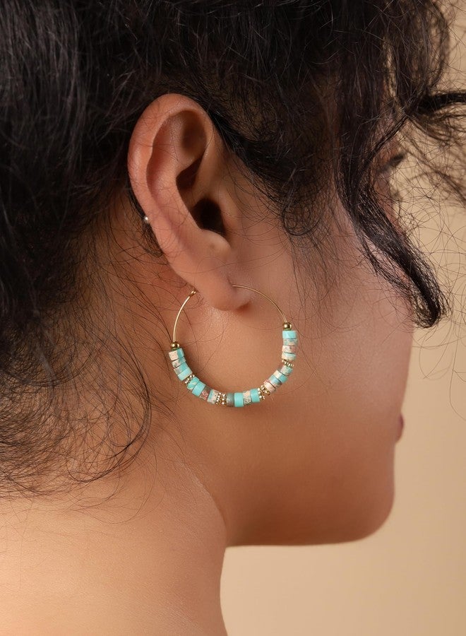 MINACHI Boho Mixed Color Stone Bead Hoop Earrings, Handmade Gold Tone Hippie Chunky Hoops Earrings For Women - Image 4