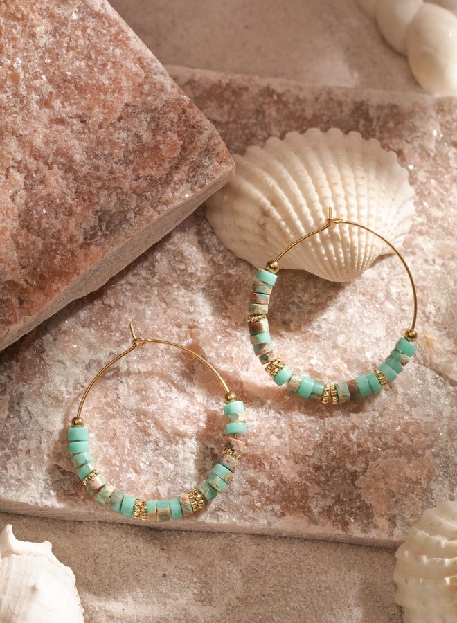 MINACHI Boho Mixed Color Stone Bead Hoop Earrings, Handmade Gold Tone Hippie Chunky Hoops Earrings For Women - Image 5