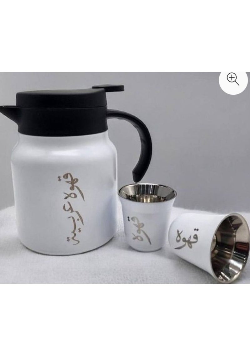 ترمس مفرغ من الهواء سعة 1000 مل مع كوب قهوة من الفولاذ المقاوم للصدأ بجدار مزدوج عربي - أبيض - Image 1