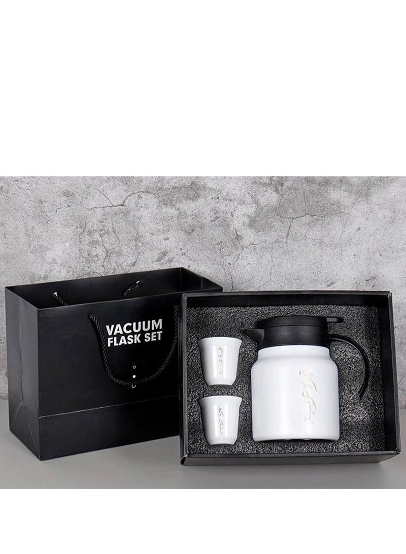 ترمس مفرغ من الهواء سعة 1000 مل مع كوب قهوة من الفولاذ المقاوم للصدأ بجدار مزدوج عربي - أبيض - Image 2