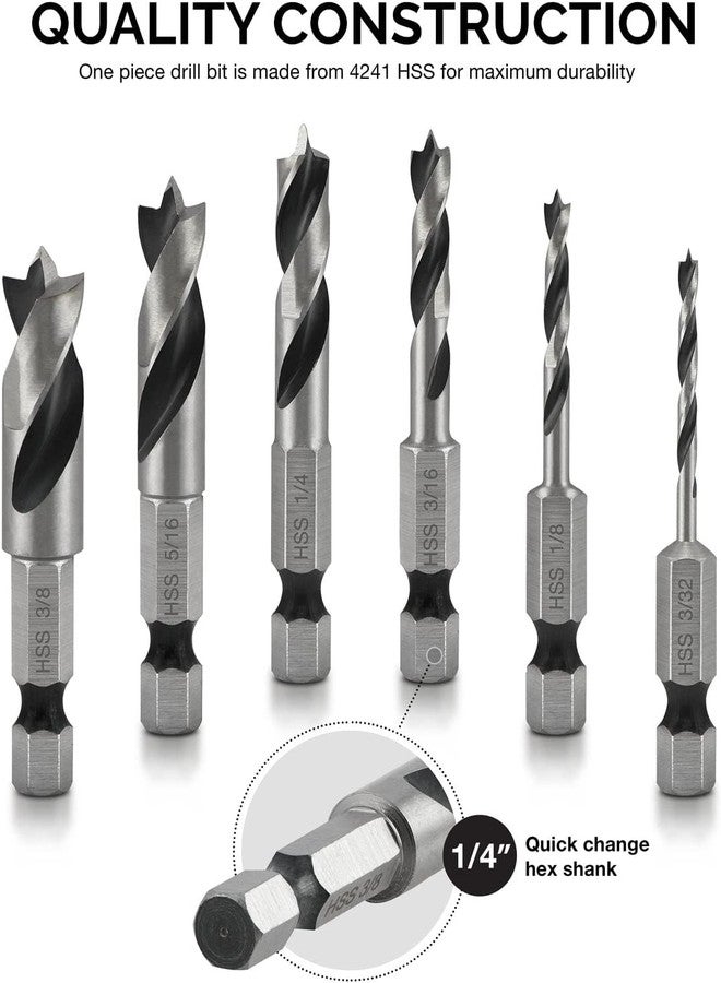 NEIKO 11401A 6 Piece Brad Point Drill Bit Set, Stubby Drill Bit Set for Wood, 1/4" Quick Change Hex Shank, HSS 4241 High Speed Steel for Quick Change Chucks and Drives, Drill Bit Holder Included - Image 2