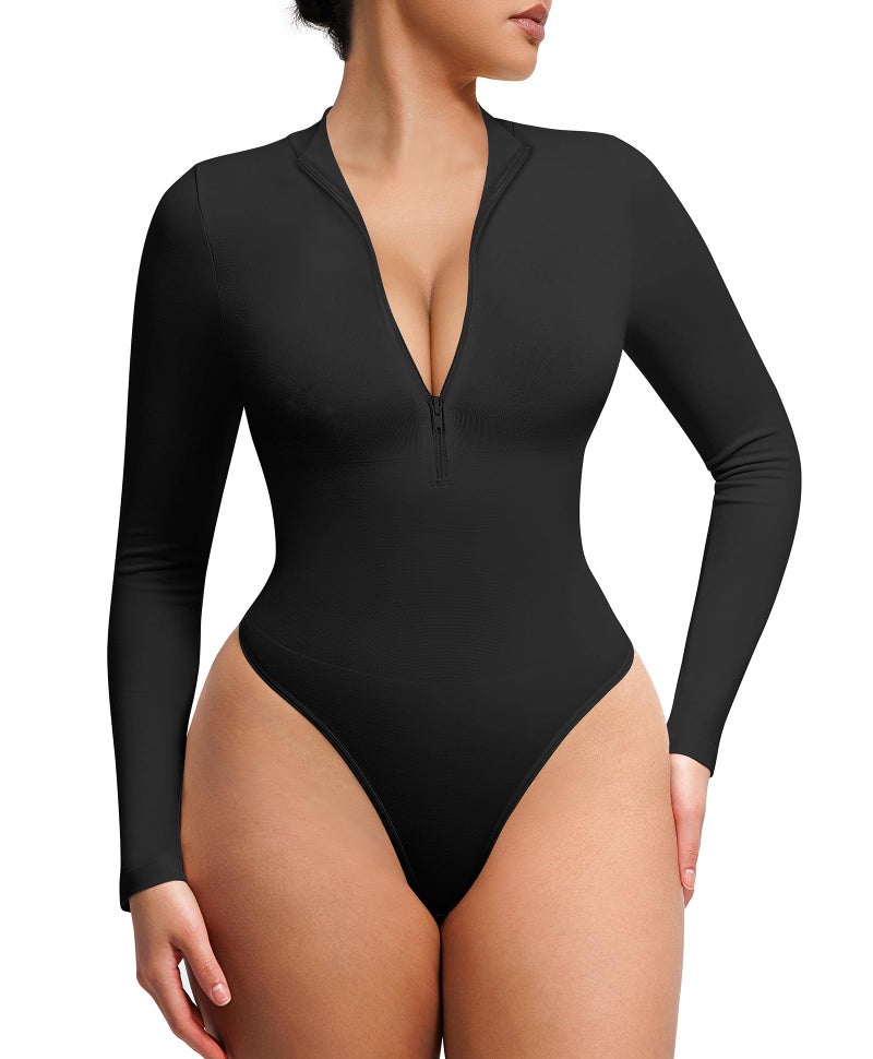 FeelinGirl Black Long Sleeve Bodysuit Women Mock Turtle Neck Zip Up Body Suits Ribbed Bodysuit Shirts Black XL/XXL - Image 1