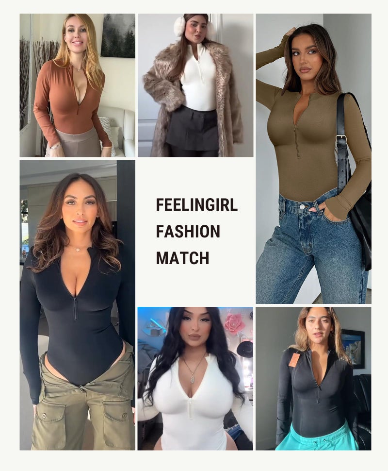 FeelinGirl Black Long Sleeve Bodysuit Women Mock Turtle Neck Zip Up Body Suits Ribbed Bodysuit Shirts Black XL/XXL - Image 2