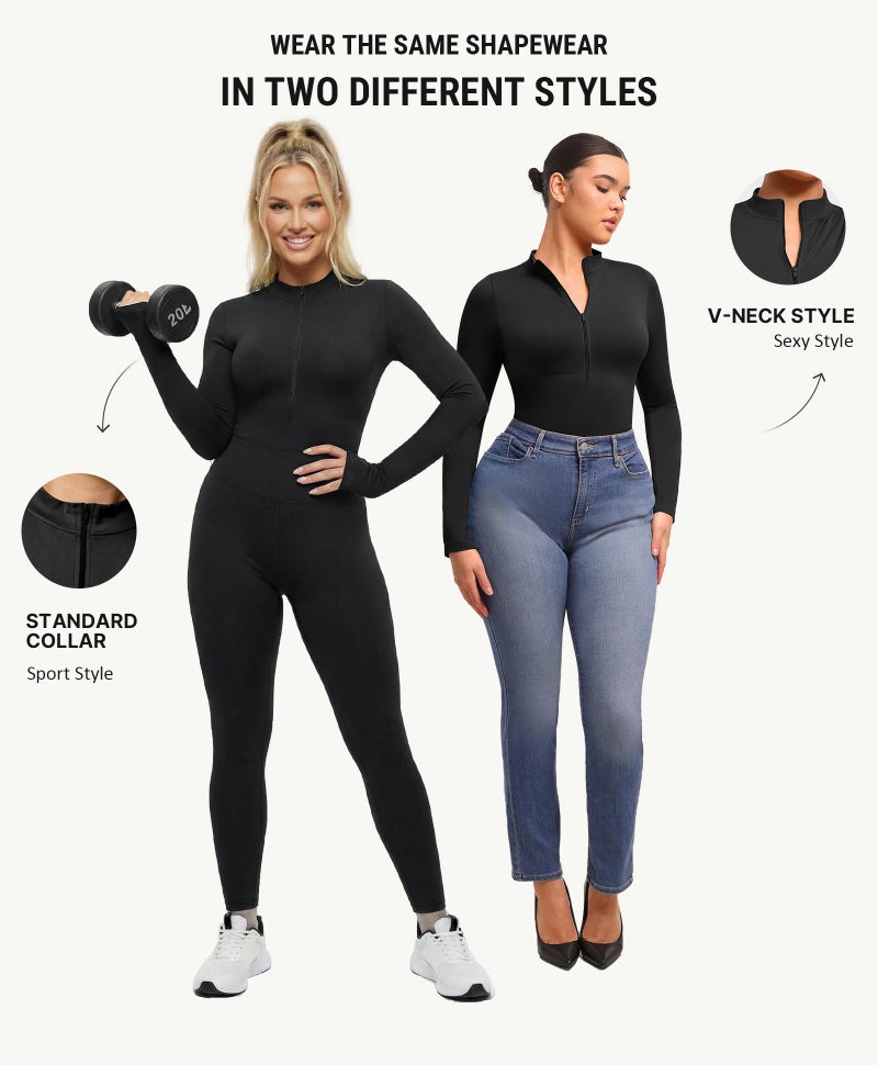 FeelinGirl Black Long Sleeve Bodysuit Women Mock Turtle Neck Zip Up Body Suits Ribbed Bodysuit Shirts Black XL/XXL - Image 3