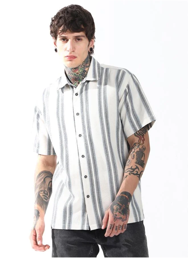 هوبرهولمي Oversized Multicolour 55% cotton 45% polyester Strip Half Sleeves Woven Button Down with Button Closure Regular Length Spread collar Collared - Ideal for Streetwear - A Must-Have for Your Wardrobe!