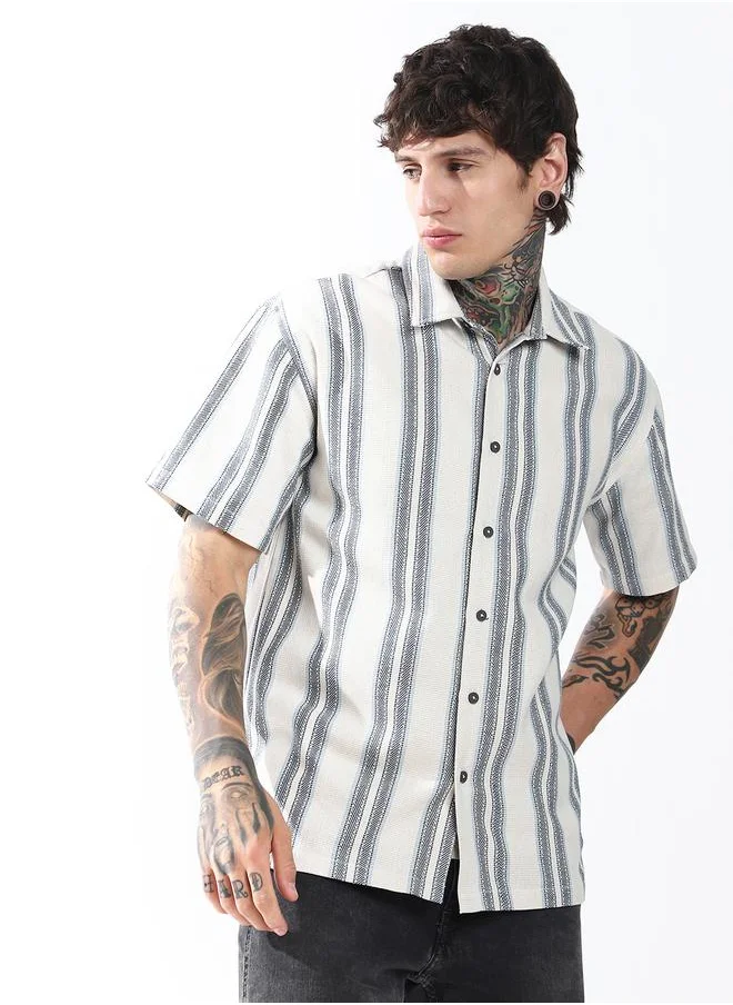 هوبرهولمي Oversized Multicolour 55% cotton 45% polyester Strip Half Sleeves Woven Button Down with Button Closure Regular Length Spread collar Collared - Ideal for Streetwear - A Must-Have for Your Wardrobe!