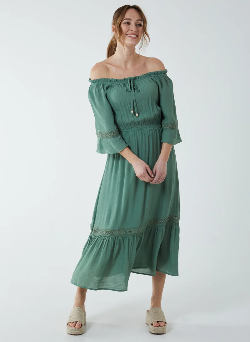 Blue Vanilla Off Shoulder Elasticated Lace Insert Midi Dress