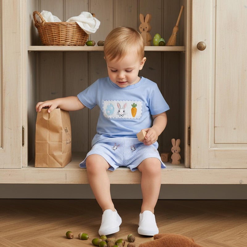 BemeyourBBs Toddler Baby Boy Easter Outfit Graph Short Sleeve T Shirt Elastic Waist Pockets Shorts Set 2 Piece Clothes Bunny Carrot Egg Blue, 18-24 Months - Image 3