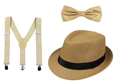 CLOTHERA Suspender and Bow Tie Set with Matched Straw Hat for Kids 4yrs to 10yrs- Beige - Image 1