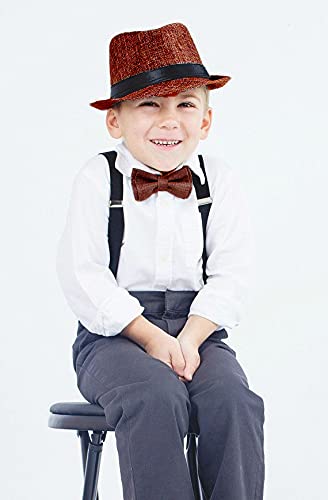 CLOTHERA Suspender and Bow Tie Set with Matched Straw Hat for Kids 4yrs to 10yrs- Beige - Image 5