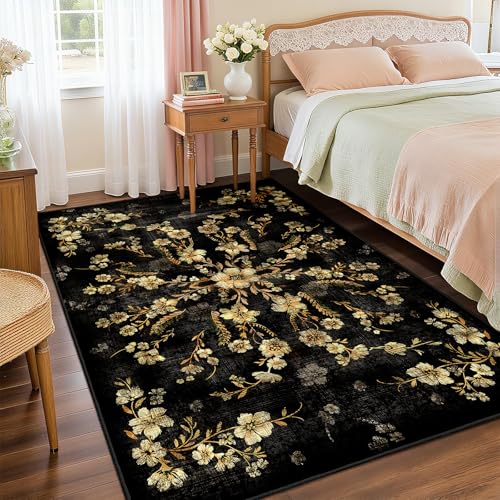 Castage Black Floral Rug 3x5 Washable Area Rugs for Bedroom Living Room Kitchen Entryway Bedside,Small Boho Vintage Bohemian Farmhouse Oriental Non Slip Carpet,Gold Flowers Decor - Image 2