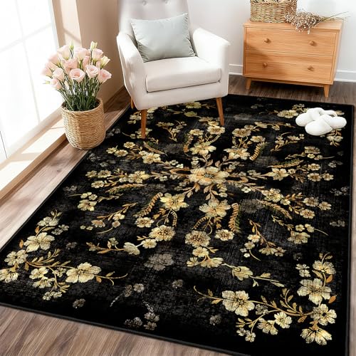 Castage Black Floral Rug 3x5 Washable Area Rugs for Bedroom Living Room Kitchen Entryway Bedside,Small Boho Vintage Bohemian Farmhouse Oriental Non Slip Carpet,Gold Flowers Decor - Image 3