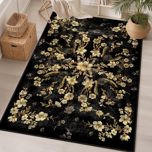 Castage Black Floral Rug 3x5 Washable Area Rugs for Bedroom Living Room Kitchen Entryway Bedside,Small Boho Vintage Bohemian Farmhouse Oriental Non Slip Carpet,Gold Flowers Decor - Image 1
