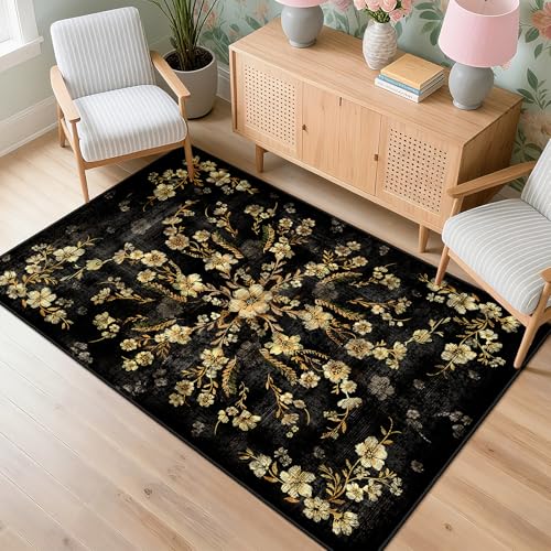 Castage Black Floral Rug 3x5 Washable Area Rugs for Bedroom Living Room Kitchen Entryway Bedside,Small Boho Vintage Bohemian Farmhouse Oriental Non Slip Carpet,Gold Flowers Decor - Image 4