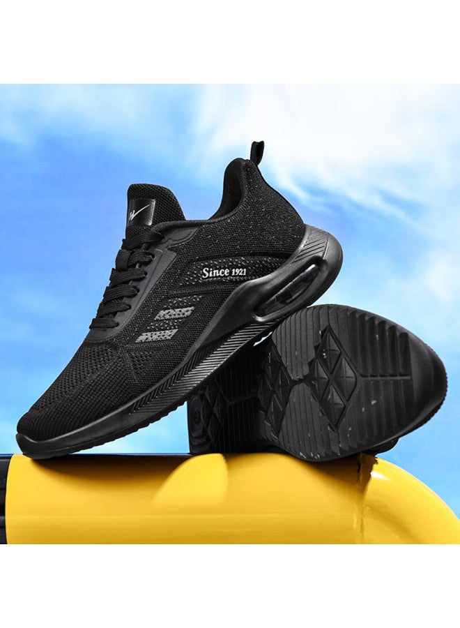 Double Star Eight Shuangxingbate High-elastic Flyknit Mesh Breathable Sports Shoes, Comfortable Air Cushion Running Shoes For Spring And Autumn, All-black Versatile Lightweight Casual Shoes For Me - Image 2