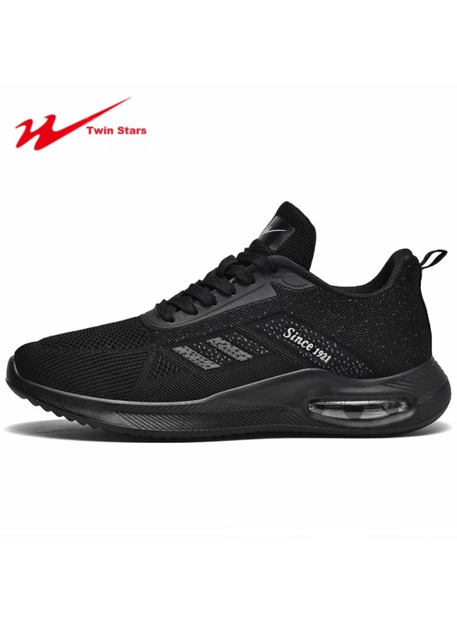 Double Star Eight Shuangxingbate High-elastic Flyknit Mesh Breathable Sports Shoes, Comfortable Air Cushion Running Shoes For Spring And Autumn, All-black Versatile Lightweight Casual Shoes For Me - Image 1