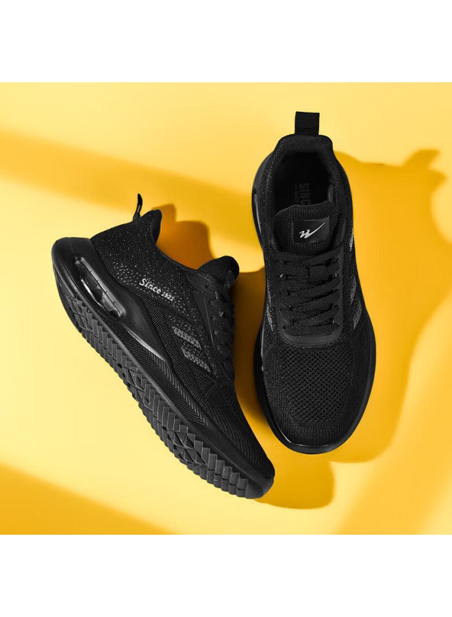 Double Star Eight Shuangxingbate High-elastic Flyknit Mesh Breathable Sports Shoes, Comfortable Air Cushion Running Shoes For Spring And Autumn, All-black Versatile Lightweight Casual Shoes For Me - Image 3