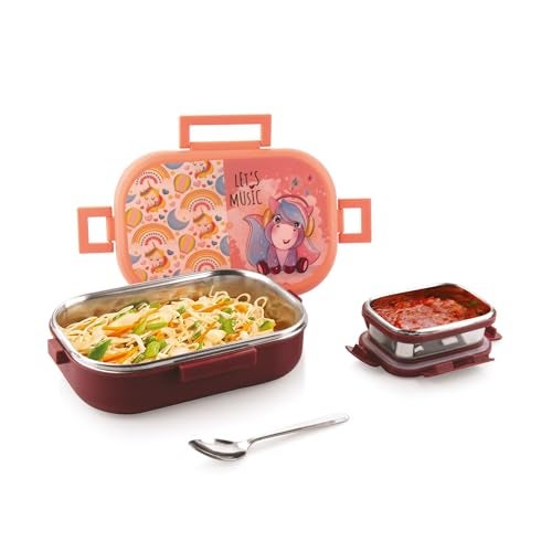 Attro Food Time Deluxe Stainless Steel Lunch Box with 1 Small Container & Eyecatchy Prints Airtight & Spillproof - 750ml+250ml Unicorn Brown Peach - Image 1
