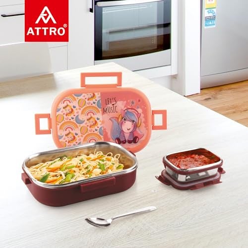 Attro Food Time Deluxe Stainless Steel Lunch Box with 1 Small Container & Eyecatchy Prints Airtight & Spillproof - 750ml+250ml Unicorn Brown Peach - Image 3