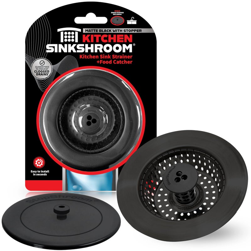 SinkShroom Kitchen SinkShroom Clog-Free Kitchen Sink Drain Strainer with Stopper - Sink Protector for Kitchen Sink, Stainless Steel, Matte Black - Image 1