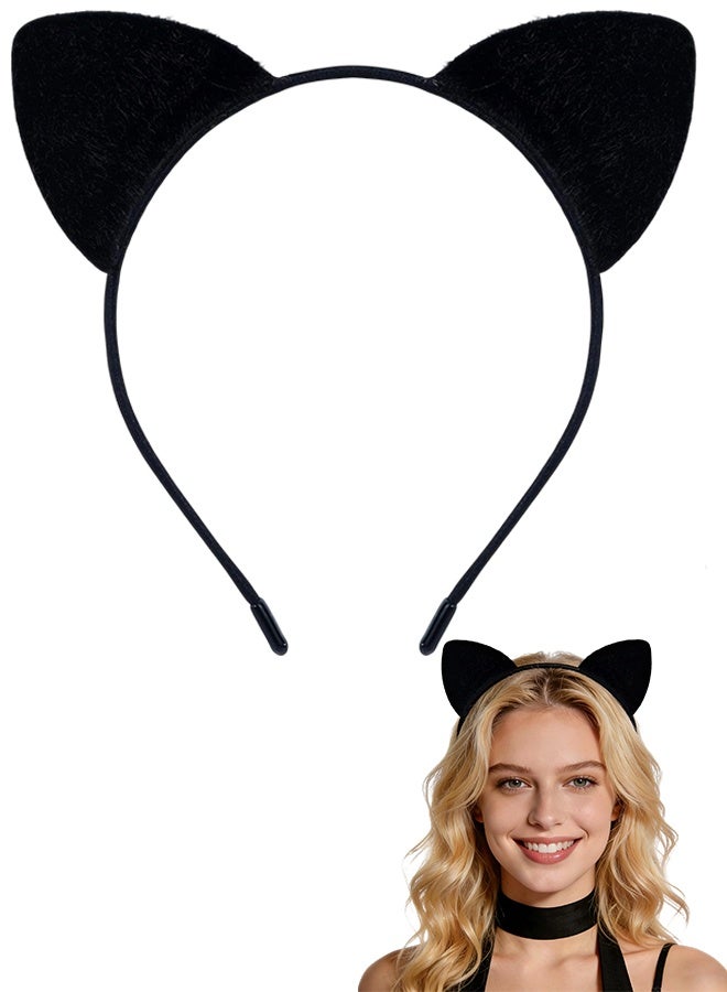 1 Pc Black Furry Cat Ears Headband, Halloween Cat Woman Costume Accessory, Soft Kitty Ears Hairband for Women Cosplay & Theme Parties - Image 1