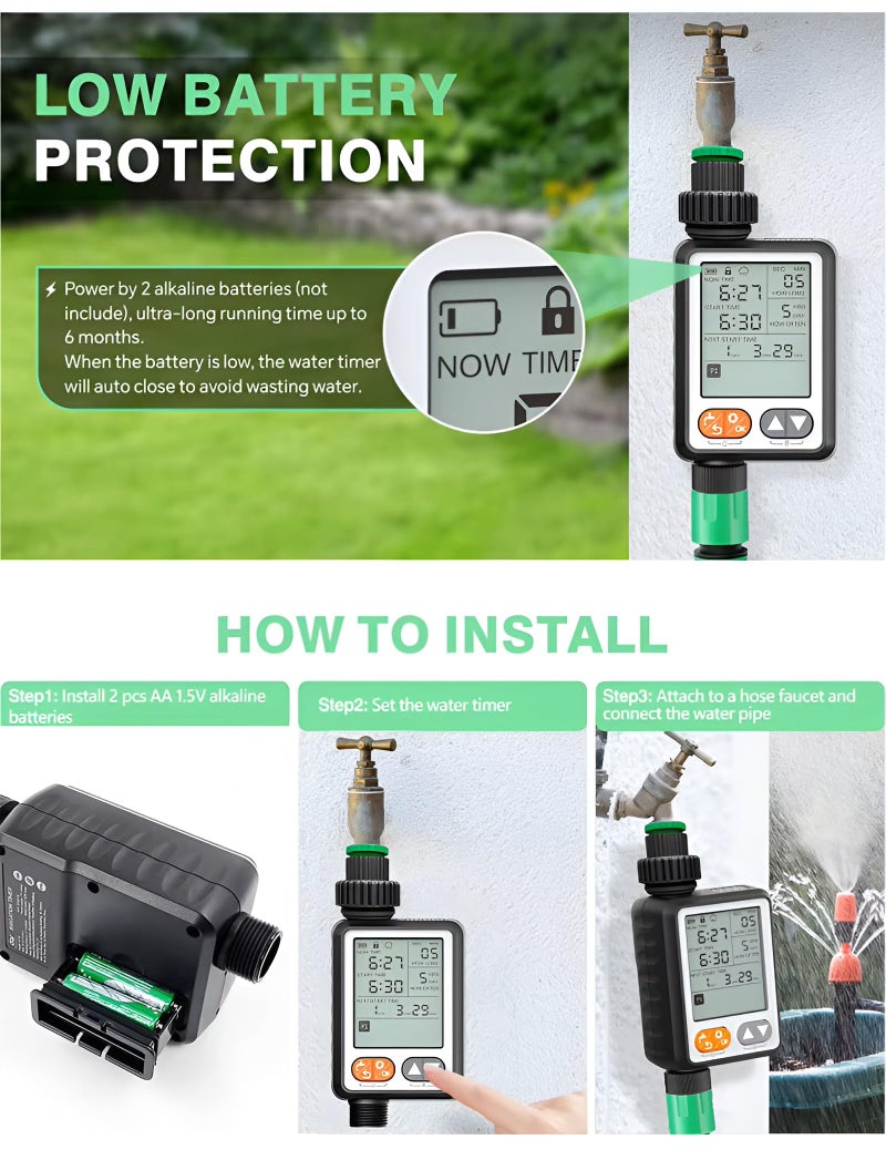 XPR3SS Water Timer With Rain Sensor, 10 Different Water Programs Drip Irrigation Controller With Child Lock Feature Programmable Automatic Water Dripper Home & Garden Irrigation Water Timer - Image 4