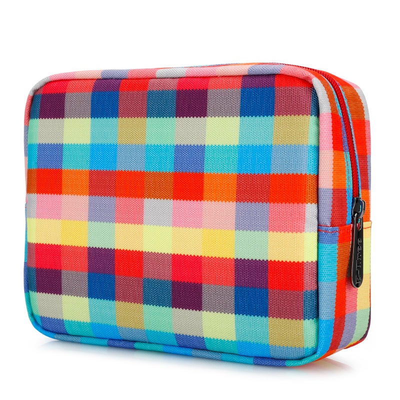 E-Tree Cute Makeup Bag,Big Travel Make up Pouch,Zipper Large Toiletry Cosmetic Brush Skin Care Case for Women Man,Tech Electronic Organizer,Small Canvas Storage for Personal Items,Colorful Checkered - Image 1